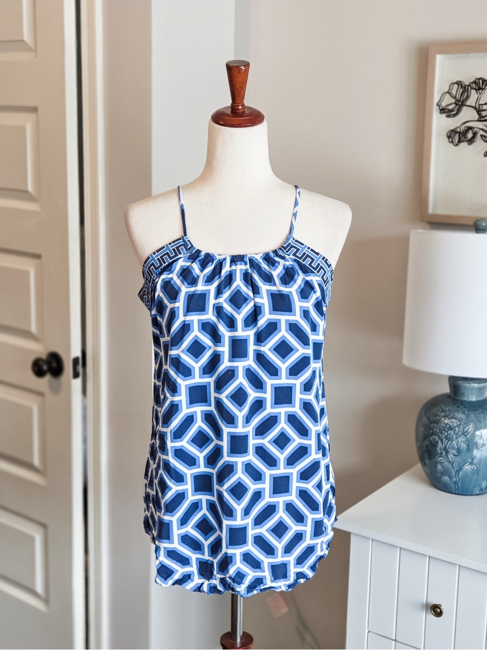 Blue Geometric Print Spaghetti Strap Tank Top